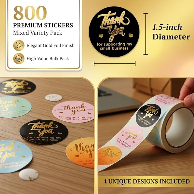 800 Thank You Stickers – 1.5" Round Labels (5 Designs, Multicolor) for Small Business, Packaging, Envelopes, Gift Bags, Bakery, Party Favors – Self-Adhesive Waterproof Thank You Sticker Roll