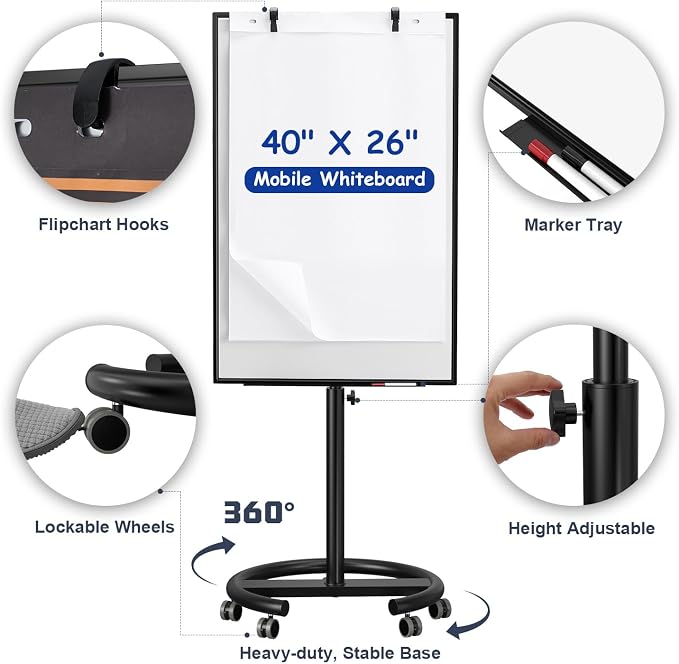 Mobile Whiteboard 40x26 Inches White Board Dry Erase Board on Wheels | Height Adjustable, Magnetic Surface, Dry Erase, With Stand, Ideal for Classroom, Office, School, Home, Homeschooling, Teacher