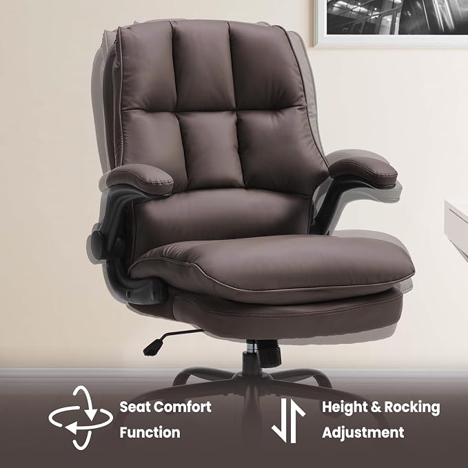 Comfy Office Chair Soft and Double Cushioned Ergonomic Computer Desk Chair | Suitable for Long Hours Executive Office Chair with Flip-up Armrests and Height Adjustment for Home Office Brown
