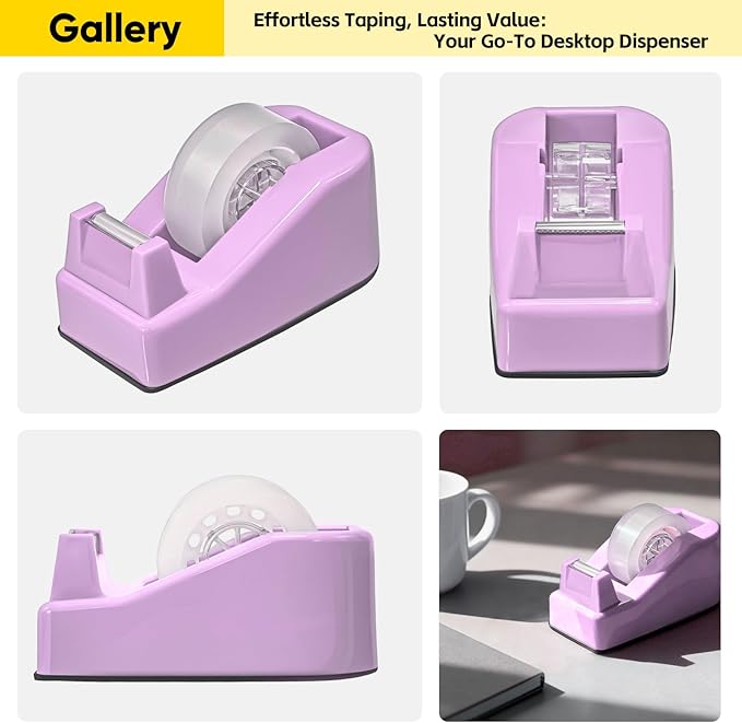 Desktop Office Tape Dispenser, Fits Standard 1-Inch Core Tapes, Weighted Non-Slip Base, Sharp Metal Blade, Smooth Cutting, Adhesive Roll Holder for Office, School, Shop, Home, Business - Purple