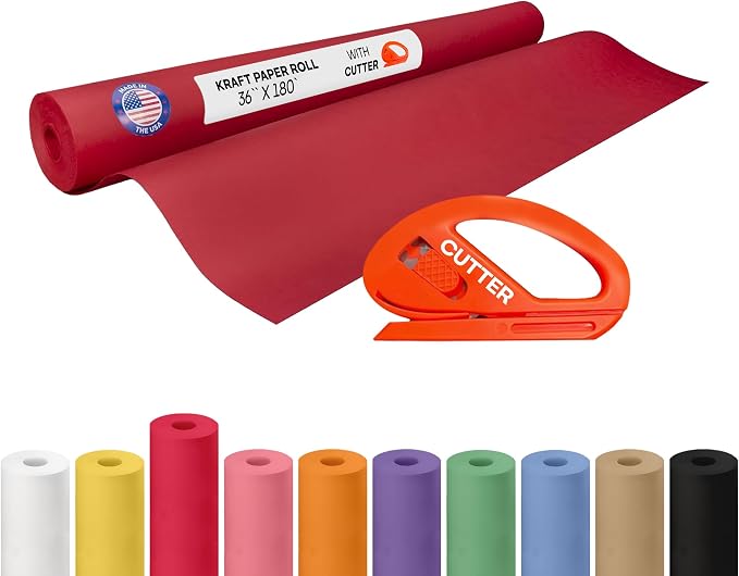 Red Kraft Paper Roll 36" x 2160" (180 feet) with Cutter - USA-Made Wrapping Paper for Packing, Moving, Shipping & Crafts/Arts - 100% Recyclable Natural Craft Material by IDL Packaging | Wrapping Paper for Packing, Moving, Shipping & Crafts/Arts - 100% ...