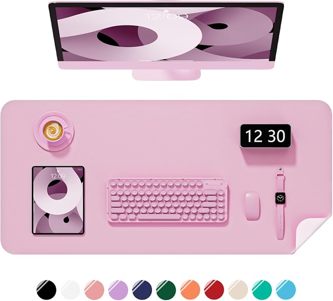 Desk Pad, 35.5" x 17" PU Leather Non-Slip Desk Mat Large Mouse Pad for Desktop, Waterproof Laptop Computer Writing Mat for Office, Home, Work, Gaming, Pink