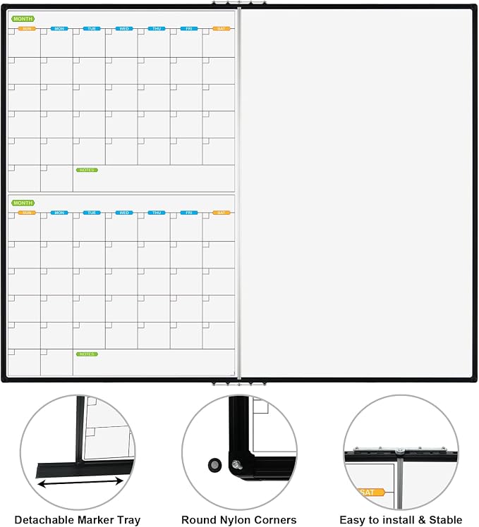 Magnetic Foldable Dry Erase Calendar Whiteboard Combo, 2 Month Calendar Board & White Board 60 X 48 Inch, Black Aluminum Frame Wall Mounted Board for Office Home and School