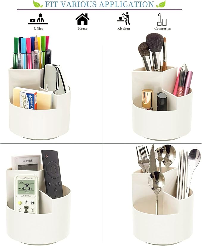 Siveit Desk Pencil Pen Holder, Desk Organizers 3 Slots 360-Degree Rotating Pen Holder for Desktop Storage Stationery Supplies Organizer, Home, Office, School, Kids, White