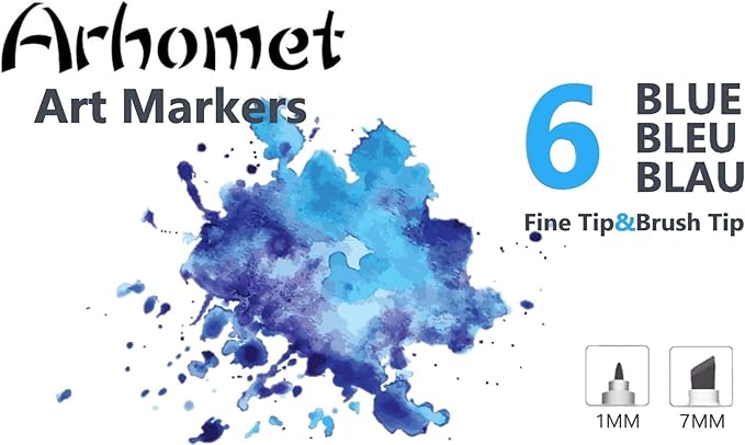 Arhomet 6Pcs Blue Colors Sea Ocean Sky Alcohol Markers Set, Dual Tips Art Markers Clear Blending Pen Drawing Sketched Double Tipped for Adults Artists (Blue)