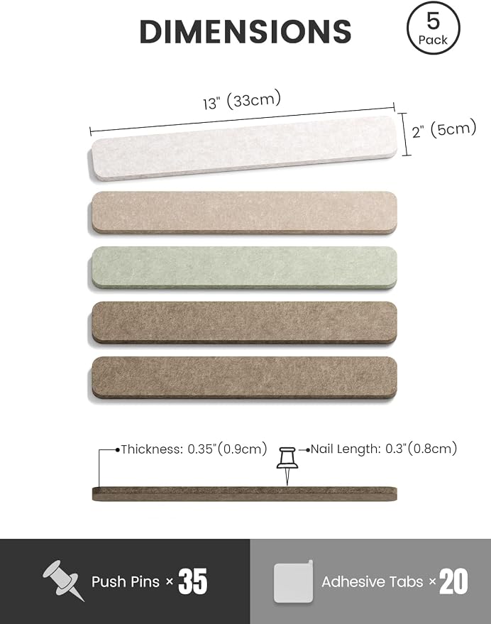 Fluxynara 13" x 2" Felt Wall Panels, Linen Dusk | 5-Pack Includes 35 Push Pins and Adhesive Tabs for Photos, Notes and Decor in Bedroom Doors, Home Office or Studios