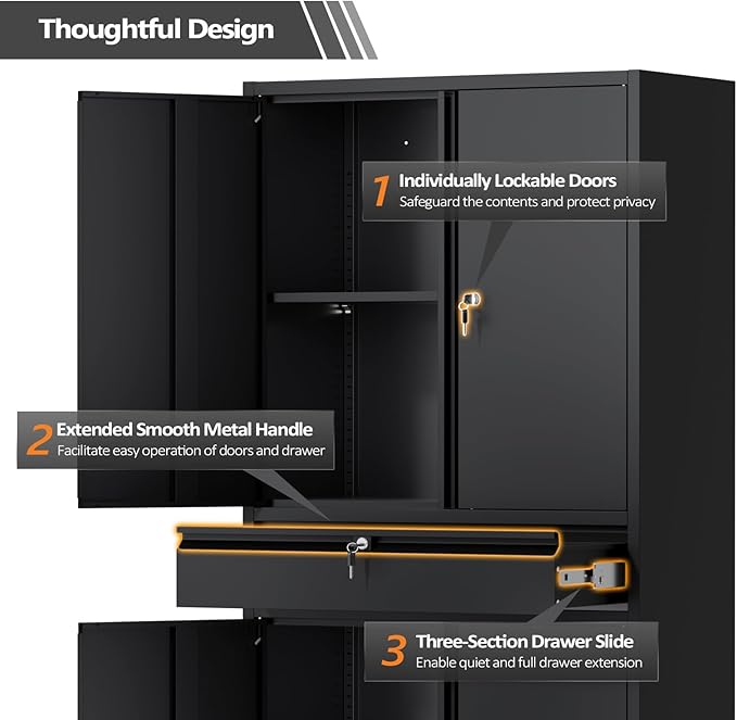 VINGLI Metal Storage Cabinet with 4 Doors and Drawer, 71" Tall Steel Lockable File Cabinet, Garage Storage Cabinet with Wheels and Locks (Black)