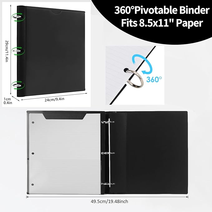 360 Degree Pivotable Binder, Upgraded 3 Ring Binder 1 inch, Flexible Binders 3 Ring, Foldable Three Ring Binders- Black