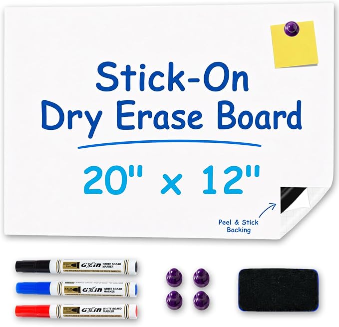 Self-Adhesive Dry Erase Whiteboard Sticker 20" x 12" Magnet-Receptive Surface, Peel and Stick White Board Sheet, Stick-On Wall Board for Office, Home Cabinet & Non-Magnetic Fridge