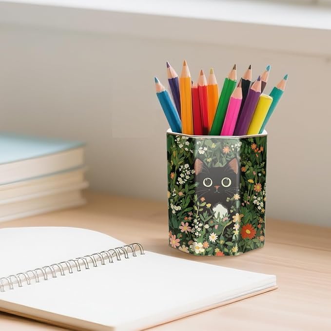 Pen Holder, Pencil Cup for Desk, Cute Desk Organizer, Durable Ceramic Decorative Makeup Brush Desktop Accessories, Stylish Stationery for Office, Home, Cute Cat Pattern