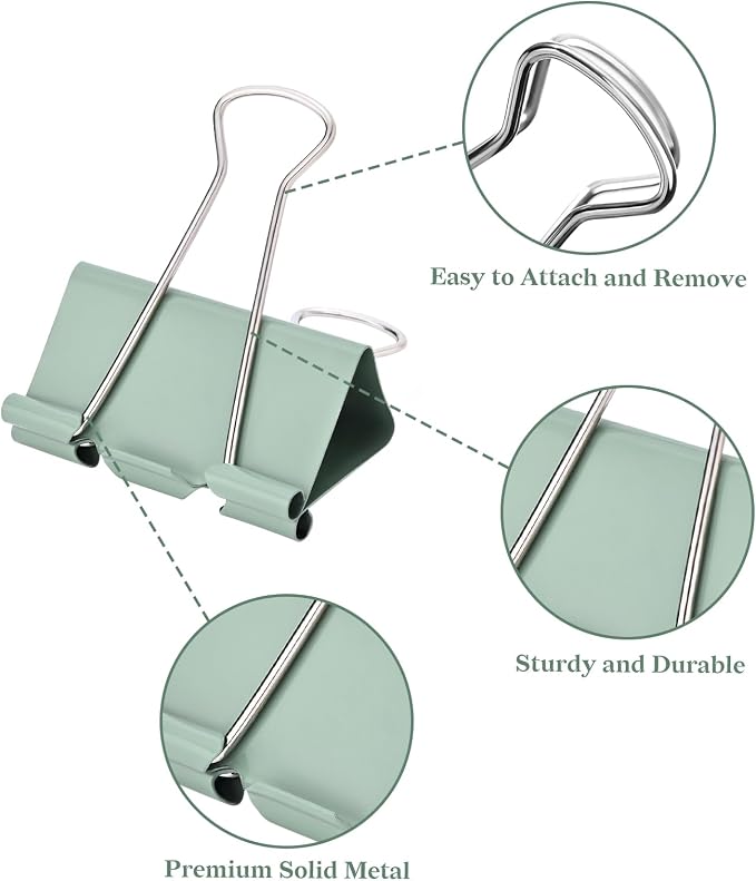 Temiary Binder Clips, Medium Metal Binder Paper Clip Green 1.26Inch, 24 Pcs | Colored Binding Paperwork Clamp Bulk for Office, Home, School