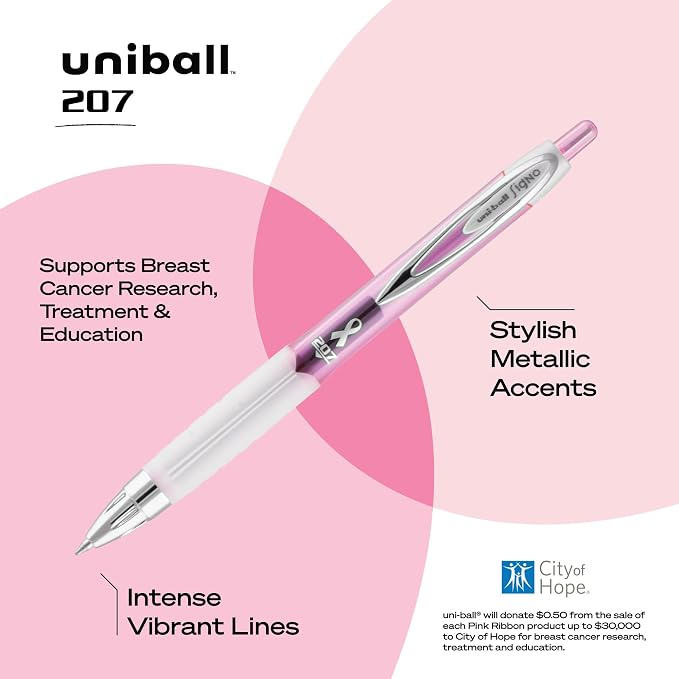 uniball™ 207 Pink Ribbon Gel Pens, Medium Point (0.7mm), Black, 12 Pack | Supports City of Hope, fraud-resistant uni Super Ink, water & fade-resistant, textured rubber grip