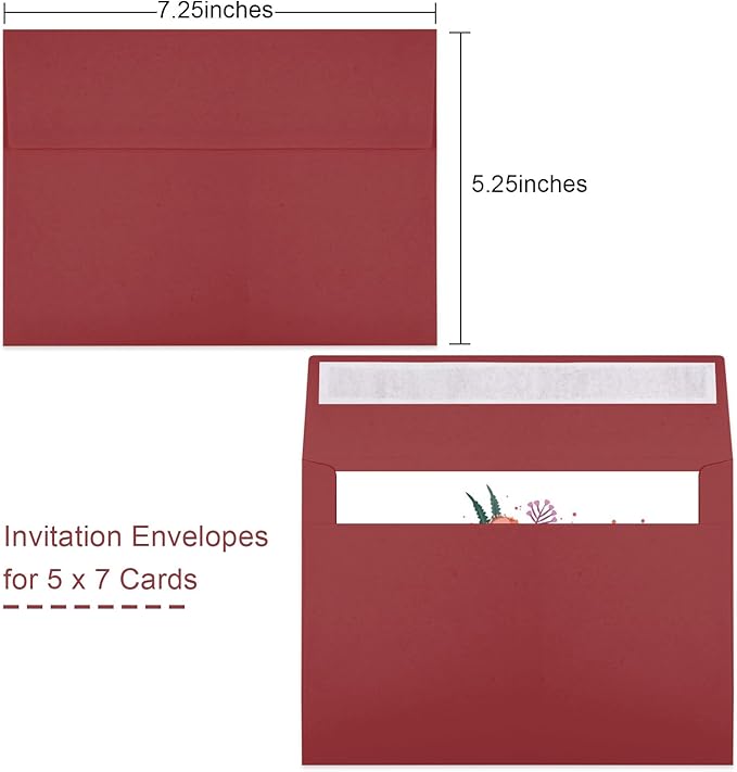50 Packs Wine Red 5x7 Envelopes 5x7, Deep Red Color A7 Envelopes, Burgundy Invitations, Photos, Greeting Cards, Mailing
