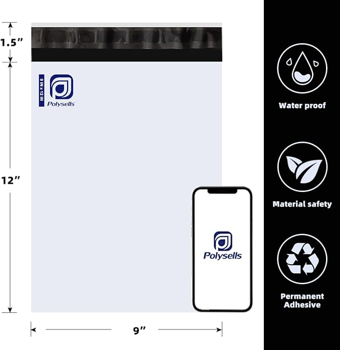 POLYSELLS 100 pack 9x12 Inch Poly Mailers Shipping Envelopes, Strong Adhesive Sealing, Waterproof, and Tear-resistant Postal Mailing Bags for Clothing, Books, and Accessories White
