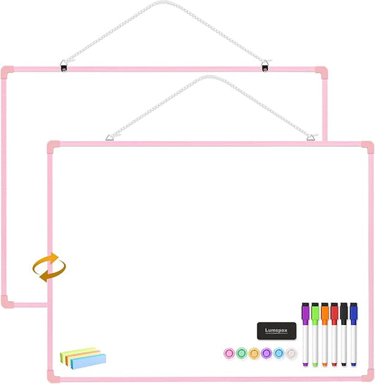 Dry Erase Board for Wall, 24" x 18" Double-Sided Hanging White Board with 6 Markers, 6 Magnets and 3 Mini Sticky Notes, Portable Whiteboard for Home, Office, School, Pink Frame
