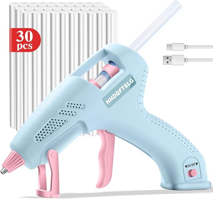 Cordless Hot Glue Gun Kit with 30 Sticks, Fast Heating 2.6Ah Rechargeable | 20W Anti-Drip Glue Gun and Sticks Set (0.27"×6") USB-C Rechargeable Mini Glue Gun Ideal for School Crafts DIY Making Repairs