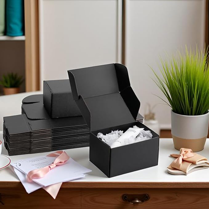 7x5x4 inch Black Shipping Boxes for Small Business- Set of 25 | Sturdy ECT 32 Corrugated Cardboard Mailer Boxes, Easy Assemble for Packaging, Mailing, Gift