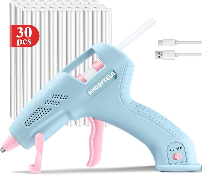 Cordless Hot Glue Gun Kit with 30 Sticks, Fast Heating 2.6Ah Rechargeable | 20W Anti-Drip Glue Gun and Sticks Set (0.27"×6") USB-C Rechargeable Mini Glue Gun Ideal for School Crafts DIY Making Repairs