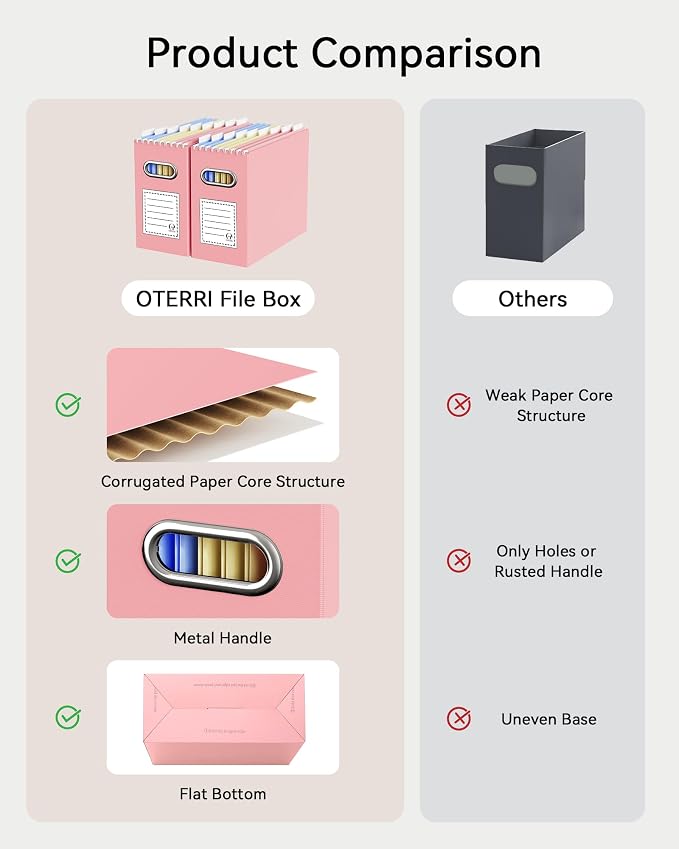 Portable Collapsible Cardboard File Box with Handle for Letter-Size | 8-Pack. Stainless Steel Handle. Label Stickers Included. Fits Letter Folders (Not Included). Home, Office, School, Dorm, Tax.