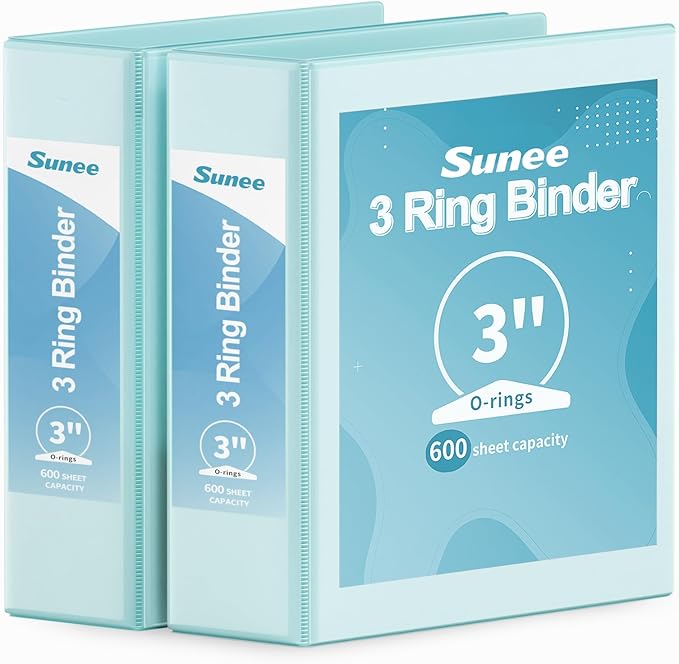 SUNEE 3 Ring Binder 3 Inch 2 Pack, Clear View Binder Three Ring PVC-Free (Fit 8.5x11 Inches) for School or Office Supplies, Blue