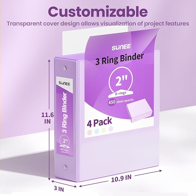SUNEE 3 Ring Binders 2 Inch 4 Pack, Clear View Binder Three Ring PVC-Free (Fit 8.5x11 Inches) for School or Office Supplies, Purple