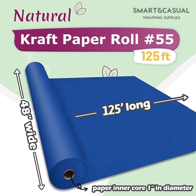 SMART&CASUAL 48" x 1,500" (125') Blue Kraft Craft Paper Roll for Gift Wrapping Bulletin Board Bouquet Flower Kids Art Packing Parcel Table Covering 80GSM 55LB (Blue, 48" x 125')
