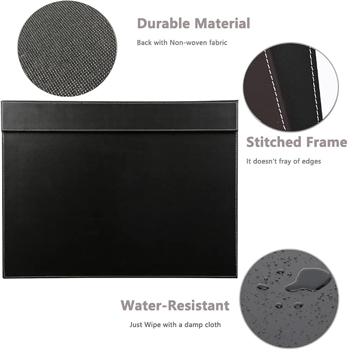 Ultra-Smooth PU Leather Desk Pad & Mat Office Desk Drawing & Writing Board A3/ A4 File Paper Clip Table Protector Mat on Top Large 24''x18'' (Black)