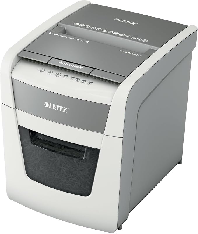 Leitz IQ Paper Shredder, Cross Cut, 50 Sheet, 5 Gallon Bin, P4 Security, Autofeed, Anti-Jam, Home Office (170008)
