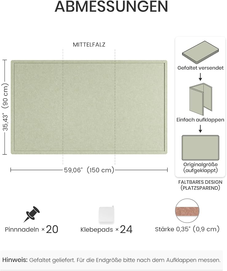 Fluxynara 59" x 35.4" Large Bulletin Board, Sage | Cork Board Alternative with 24 Removable Adhesive Tabs, Foldable Felt Pin Board for Home, Office, Classroom & Dorm