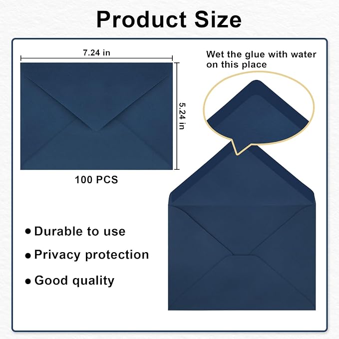 100 Pack A7 Envelopes, Navy Blue Greeting Card Envelopes Self Seal, 5.24 x 7.24 in Envelopes for Birthday Graduation Baby Shower Wedding Invitation Cards
