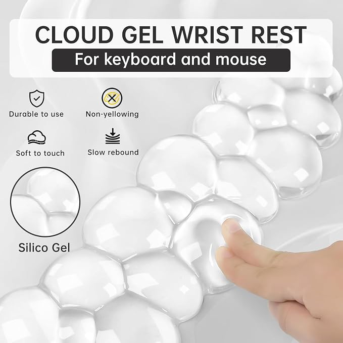 Mouse Pad with Wrist Rest, Soft Cloud Gel Keyboard Mouse Pad Set with Hand Wrist Support, Cute Non Slip Office Desk Accessories for Comfort/Pain Relief/Computer/Laptop (Clear Cloud)