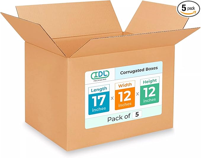 Medium Shipping & Moving Boxes 17 x 12 x 12 inches (5-Pack) - Extra Strength 200 lb vs Regular - USA-Made Corrugated Cardboard Boxes - Durable Moving Box - Package Box by IDL Packaging