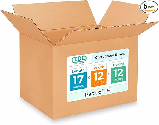 Medium Shipping & Moving Boxes 17 x 12 x 12 inches (5-Pack) - Extra Strength 200 lb vs Regular - USA-Made Corrugated Cardboard Boxes - Durable Moving Box - Package Box by IDL Packaging