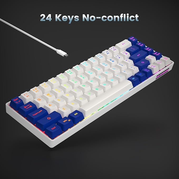 65% Gaming Keyboard, LED Backlit Mini Wired Keyboard, Ultra-Compact Anti-Ghosting No-Conflict 68 Keys Membrane Gaming Wired Keyboard for PC Laptop Windows Gamer(White-Blue)