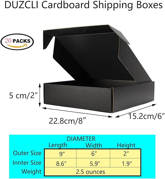 Small Shipping Boxes 9x6x2 Inches – Black Corrugated Cardboard Boxes (20-Pack) for Mailing, Packing, Small Business & Gift Packaging - Recyclable & Sturdy