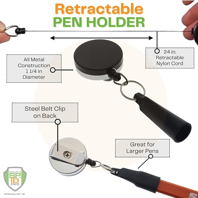 5 Pack - Heavy Duty Retractable Pull Pen Holder - Ideal for Markers & Carpenter Pencils - Nylon Cable, Self Retracting Reel & Tight Metal Belt Clip Retractable Carpenter Pencil Holder by Reel-N-Rite