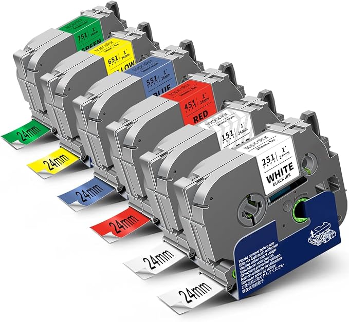 6-Pack 24mm 0.94" Multi-Color Compatible for Brother P Touch Label Tape | 24mm Tze Tz Label Maker Tape 1 Inch Colored Tze-151 251 451 551 651 751 for PTD610BT PTD600 PTP710BT PTP750W PTP910BT