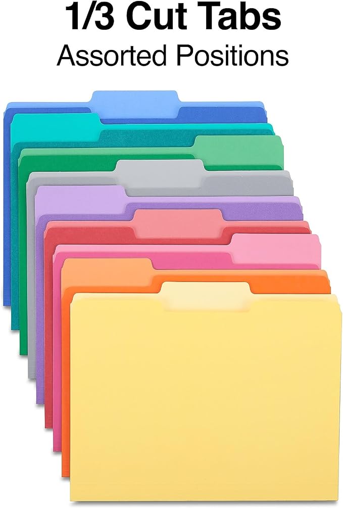Staples File Folders, Letter Size, 1/3‑Cut Tabs, Assorted Colors, Durable Paper Stock, 200/Carton