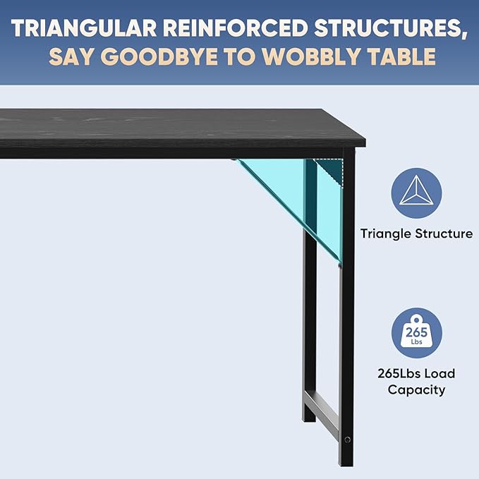 DUMOS 63 Inch Computer Desk Writing Gaming Study Work Large Desks for Bedroom Home Office with Metal Frame Simple Modern PC Compact Table Workstation, Wood Black