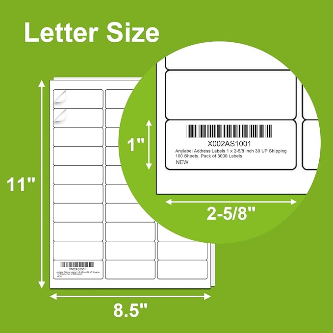3000 Labels 100 Sheets 1" x 2-5/8" Address Label Sticker for Laser & Inkjet Printer - 30 Per Page Mailing Labels for Packages Adhesive, 30-up Return Address Labels