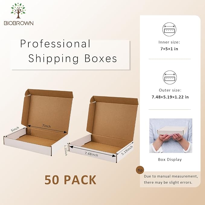 BIOBROWN 7x5x1" 50 Pack Corrugated Cardboard Boxes Small Shipping Box for Packaging Small Business Mailer Mailing White