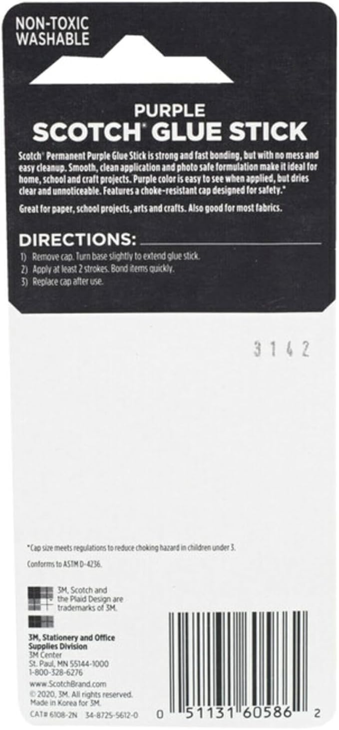 Scotch Purple Glue Stick 6108-2N – .28 Ounce, Acid-Free, Non-Toxic, Dries Clear, Ideal for Paper and Fabric Projects, 2-Pack