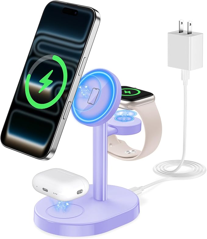 3 in 1 Wireless Charging Station for Apple MagSafe Charger, 15W Fast Magnetic Mag-Safe Charger Stand for iPhone 17 16 15 14 13 12 Apple Watch AirPods Compatible with MagSafe, Purple