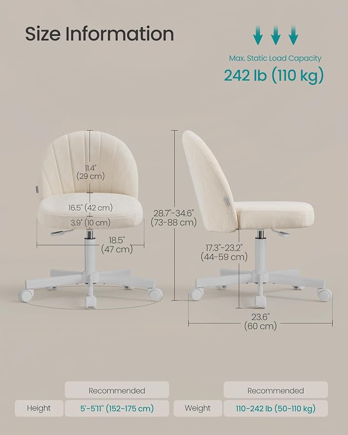SONGMICS Office Chair, Swivel Makeup Vanity Desk Chair, Height Adjustable, Foam Padded, for Home Office, Bedroom, Dressing Room, Unique PU Leather, Cream White UOBG027W101