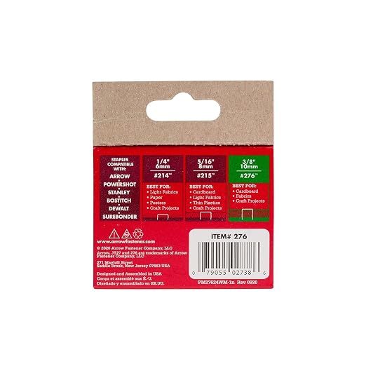 Arrow 276 JT21 Thin Wire Staples for Staple Guns and Staplers, 1000 Count | 3/8" Leg Length, 7/16" Crown Width, Heavy-Duty Galvanized Steel, Use for Upholstery, Crafts, General Repairs