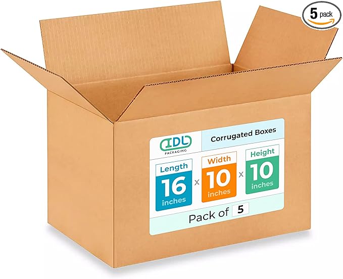 Medium Shipping & Moving Boxes 16 x 10 x 10 inches (5-Pack) - Extra Strength 200 lb vs Regular - USA-Made Corrugated Packing Boxes for Moving - Cardboard Moving Box - Packaging Box by IDL Packaging