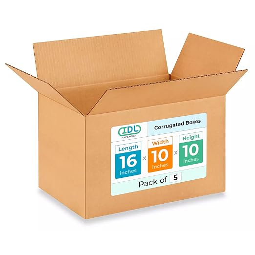 Medium Shipping & Moving Boxes 16 x 10 x 10 inches (5-Pack) - Extra Strength 200 lb vs Regular - Corrugated Packing Boxes for Moving - Cardboard Moving Box - Packaging Box by IDL Packaging | Extra Strength 200 lb vs Regular - Corrugated Packing Boxes f...