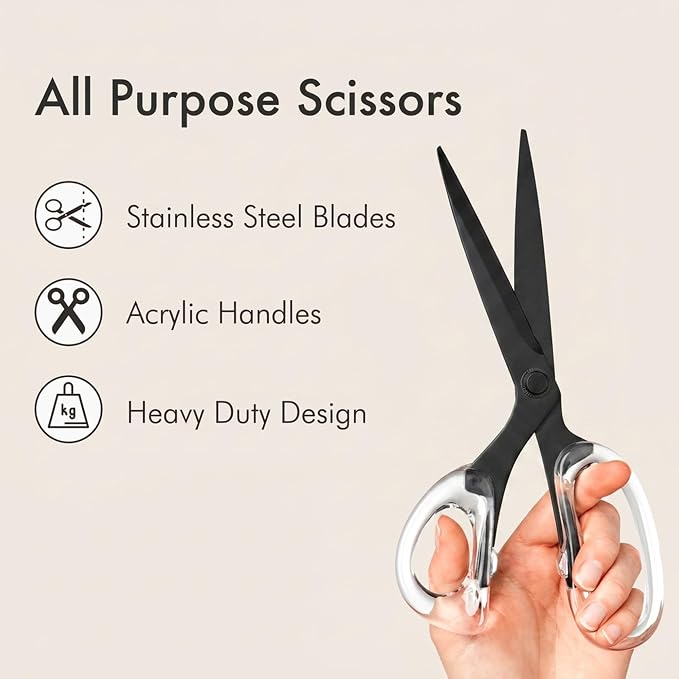 9” Stainless Steel Acrylic Scissors, Matt Black | Aesthetic and sharp all purpose scissors, Perfect for sewing, arts, and crafts, Stationery tools for office, and school