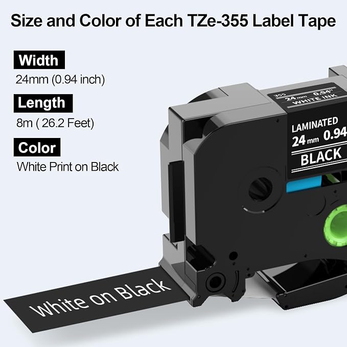 24mm Black Label Tape TZe-355 Replacement for Brother P Touch TZe TZ Tape (Pack of 2)