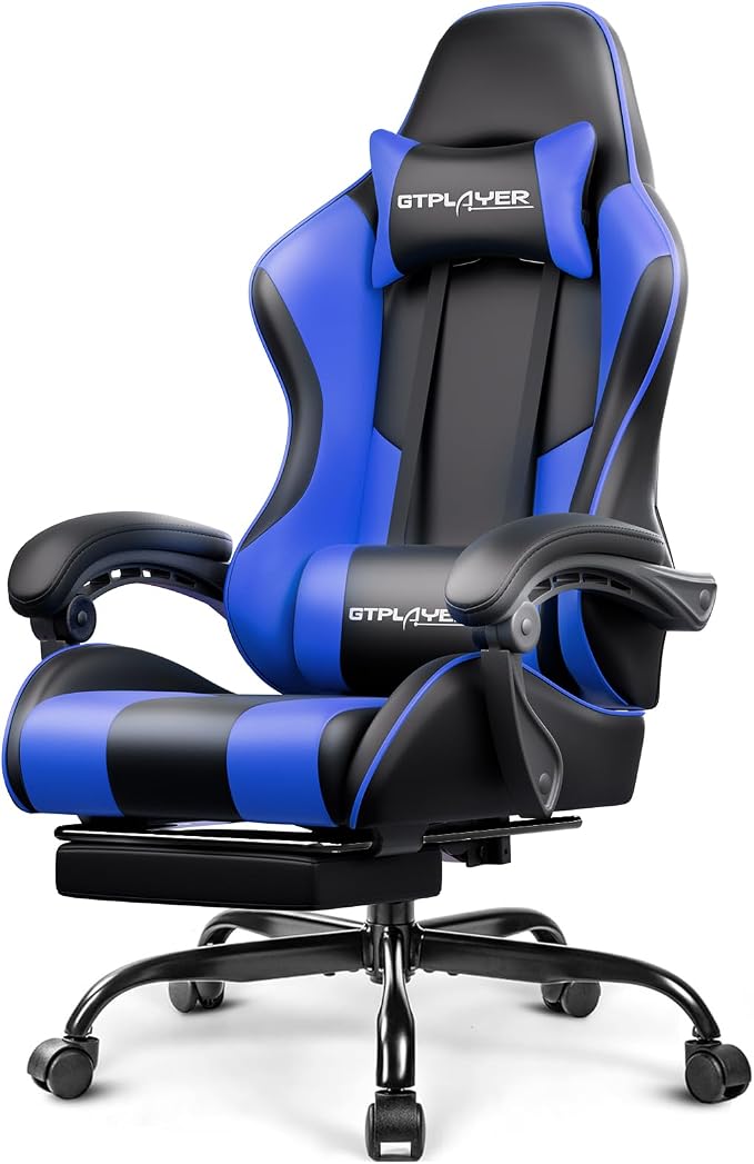 GTPLAYER Gaming Chair, Computer Chair with Footrest and Lumbar Support, Height Adjustable Game Chair with 360°-Swivel Seat and Headrest and for Office or Gaming (Faux Leather, Blue)